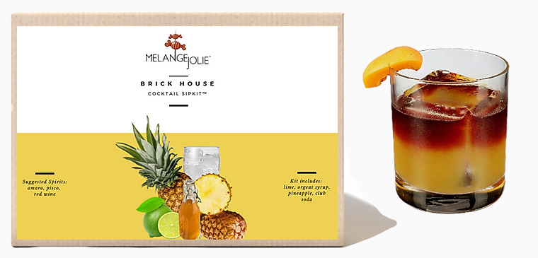 Mélange Jolie Brick House Cocktail SipKit™ with ingredients and tools for making cocktails.